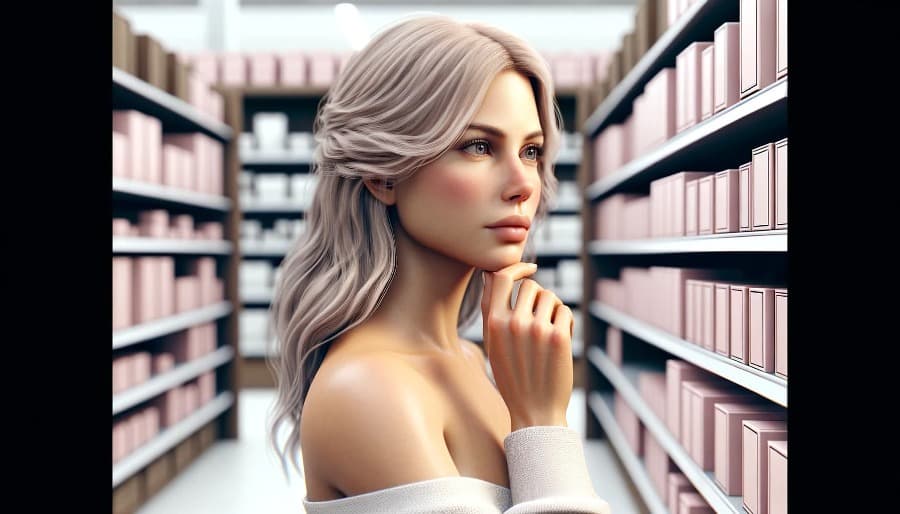 DALL·E 2024-05-01 04.45.51 - A highly realistic image of a blonde woman standing in a store, contemplating what to choose. The woman is depicted in an ultra-realistic style, possi